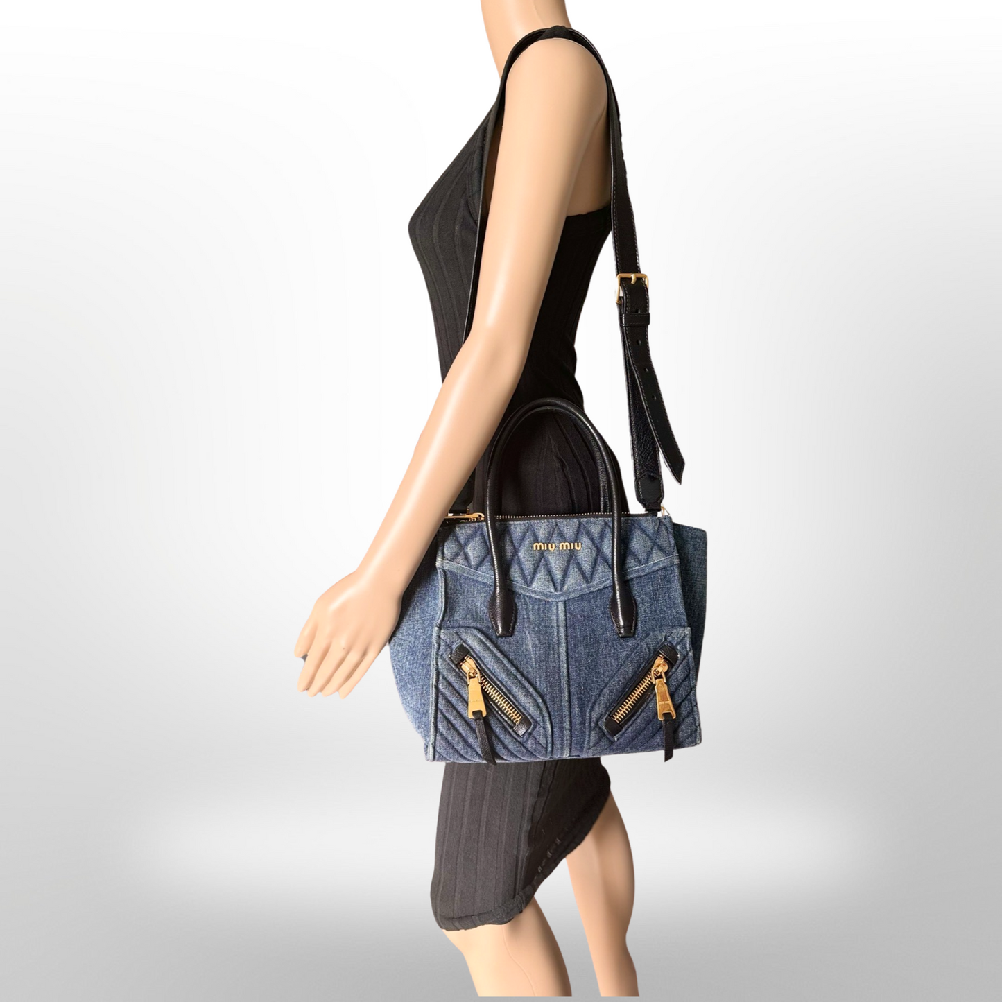 Miu Miu Matellase Denim Biker Tote with Shoulder Strap