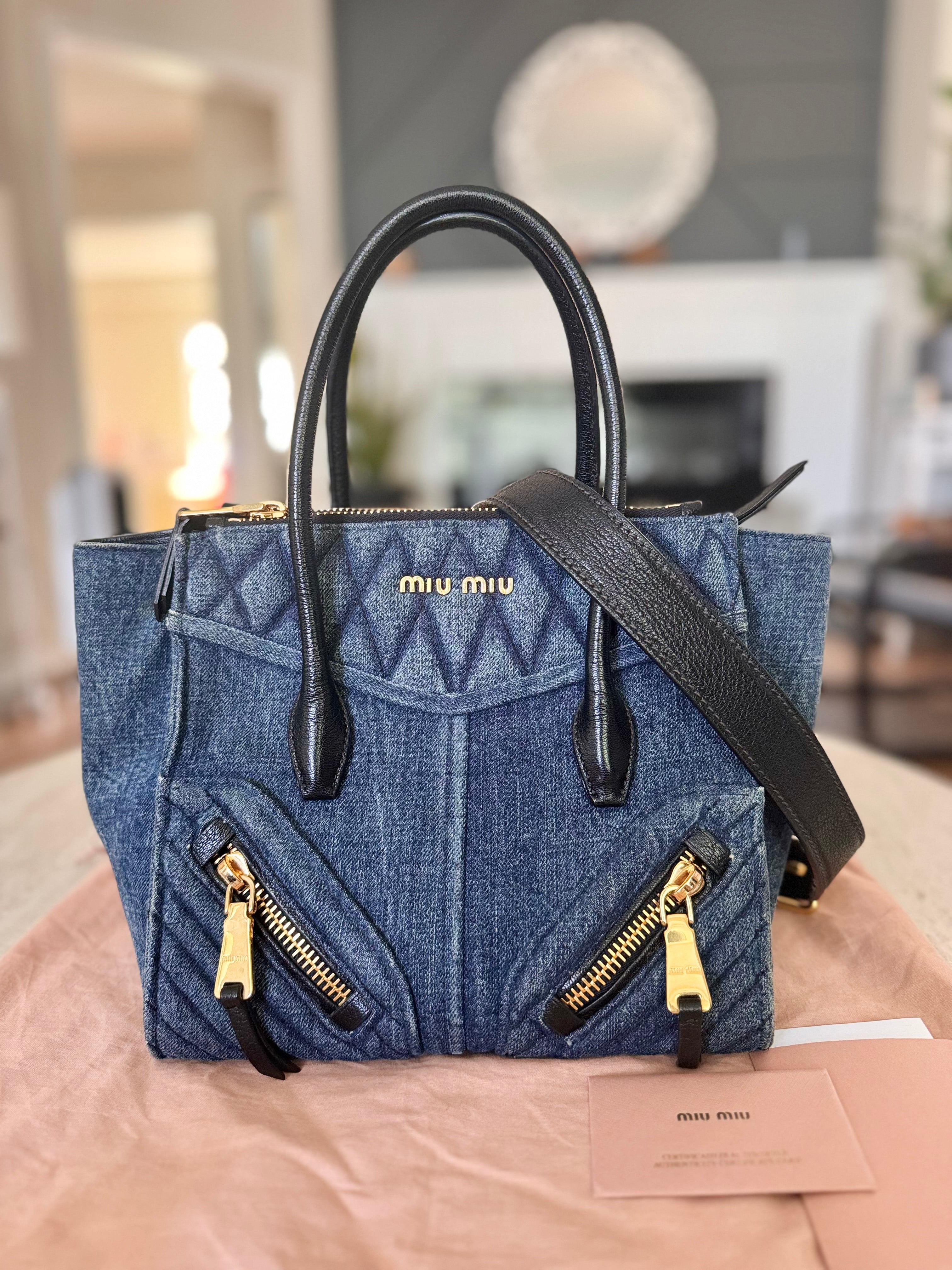 Miu Miu Matellase Denim Biker Tote with Shoulder Strap