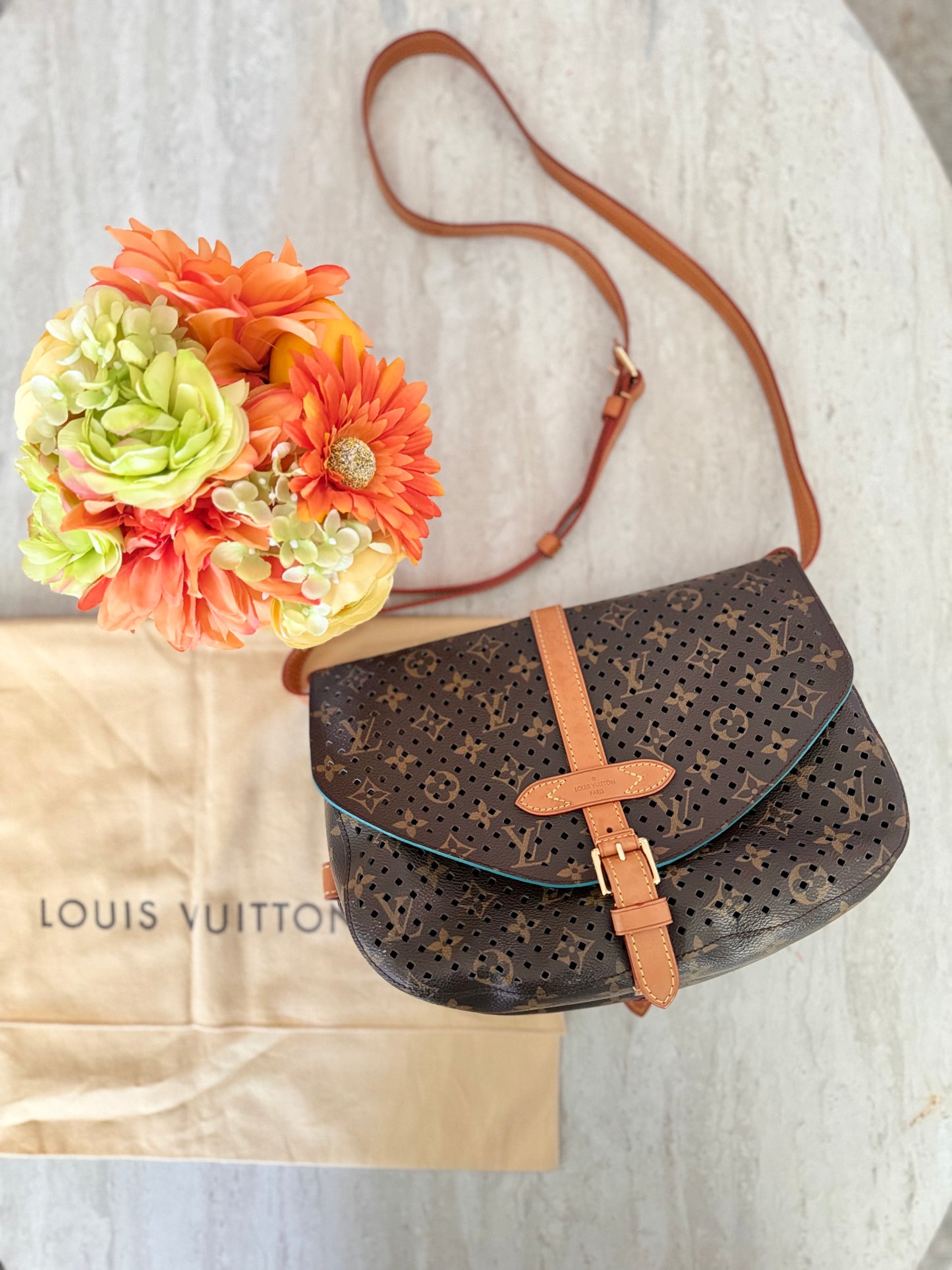 LOUIS VUITTON Limited Edition Monogram Canvas Flore Saumur Shoulder Bag - Teal Interior