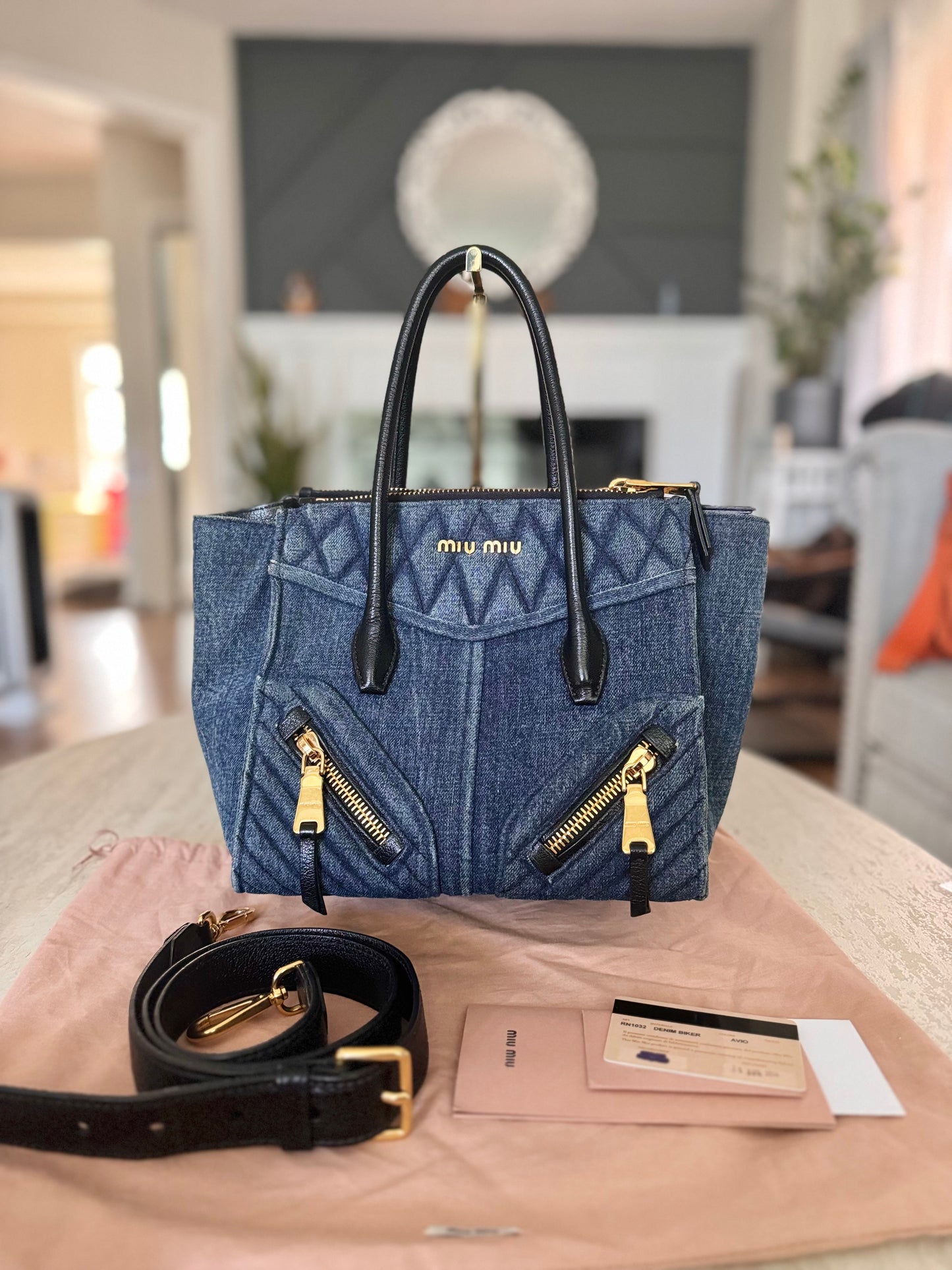 Miu Miu Matellase Denim Biker Tote with Shoulder Strap