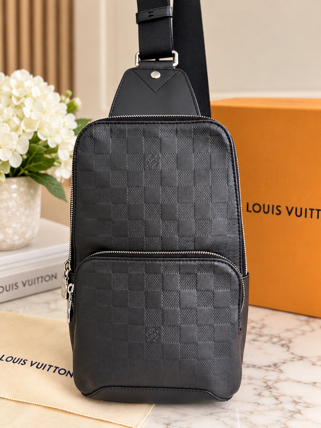 Microchipped Full Set Louis Vuitton Avenue Sling Bag in Onyx Infini Leather