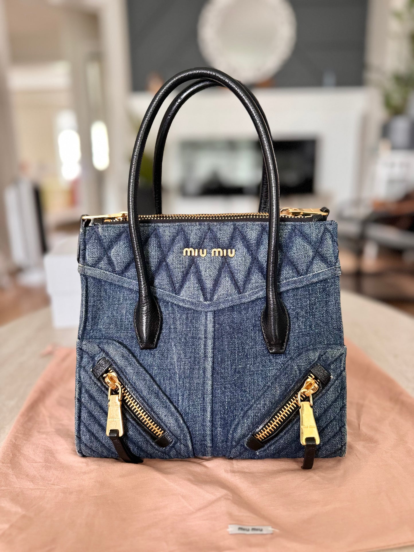 Miu Miu Matellase Denim Biker Tote with Shoulder Strap