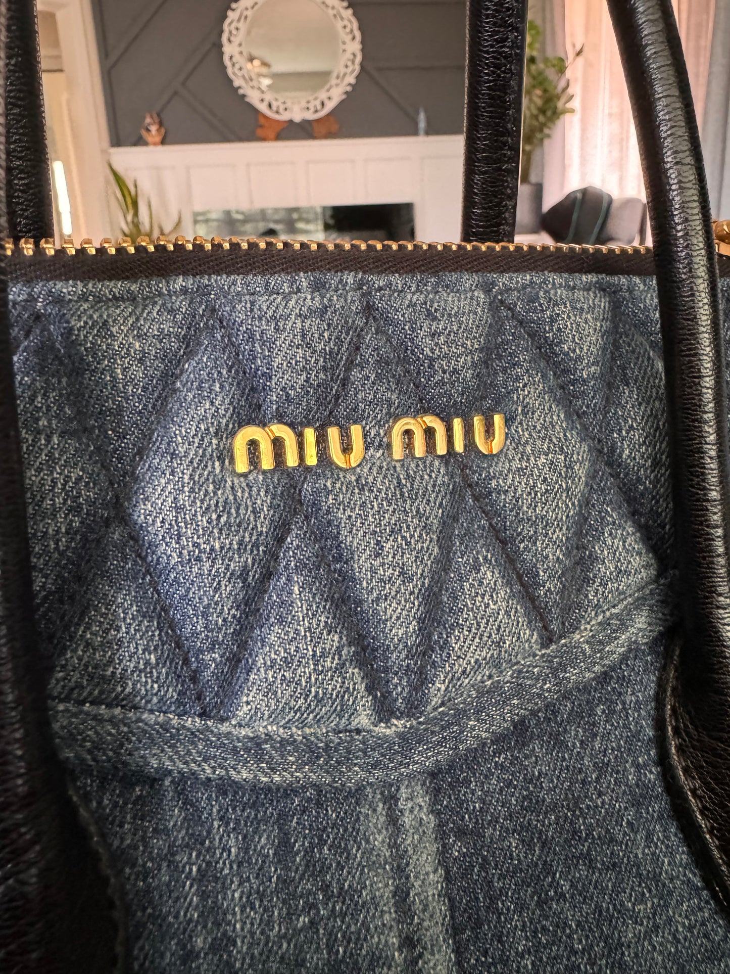 Miu Miu Matellase Denim Biker Tote with Shoulder Strap